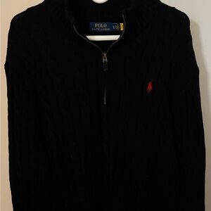Men's Black cable Knit quarter zip sweater.